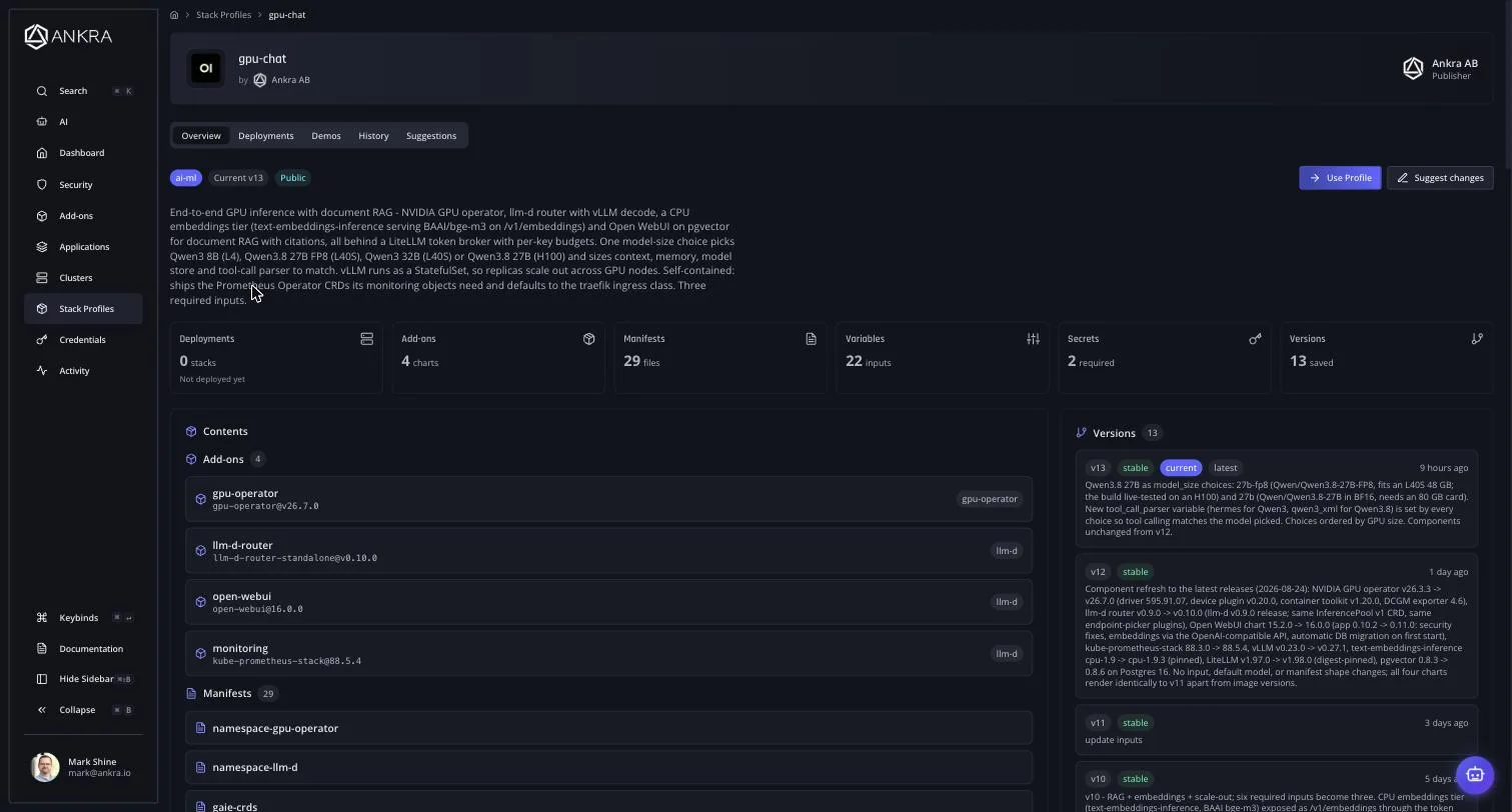 The gpu-chat stack profile in Ankra: four add-ons, 29 manifests, 22 variables, and the version history of the whole platform in one deployable unit